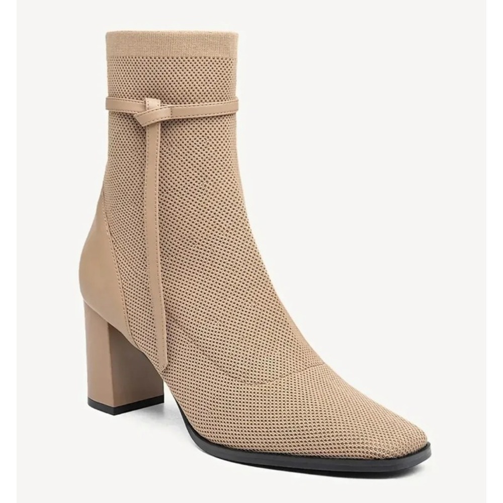 Cosy Island AmberGlow Ankle Boots Tan Knit Square Toe Block Heel Womens 7.5 NEW